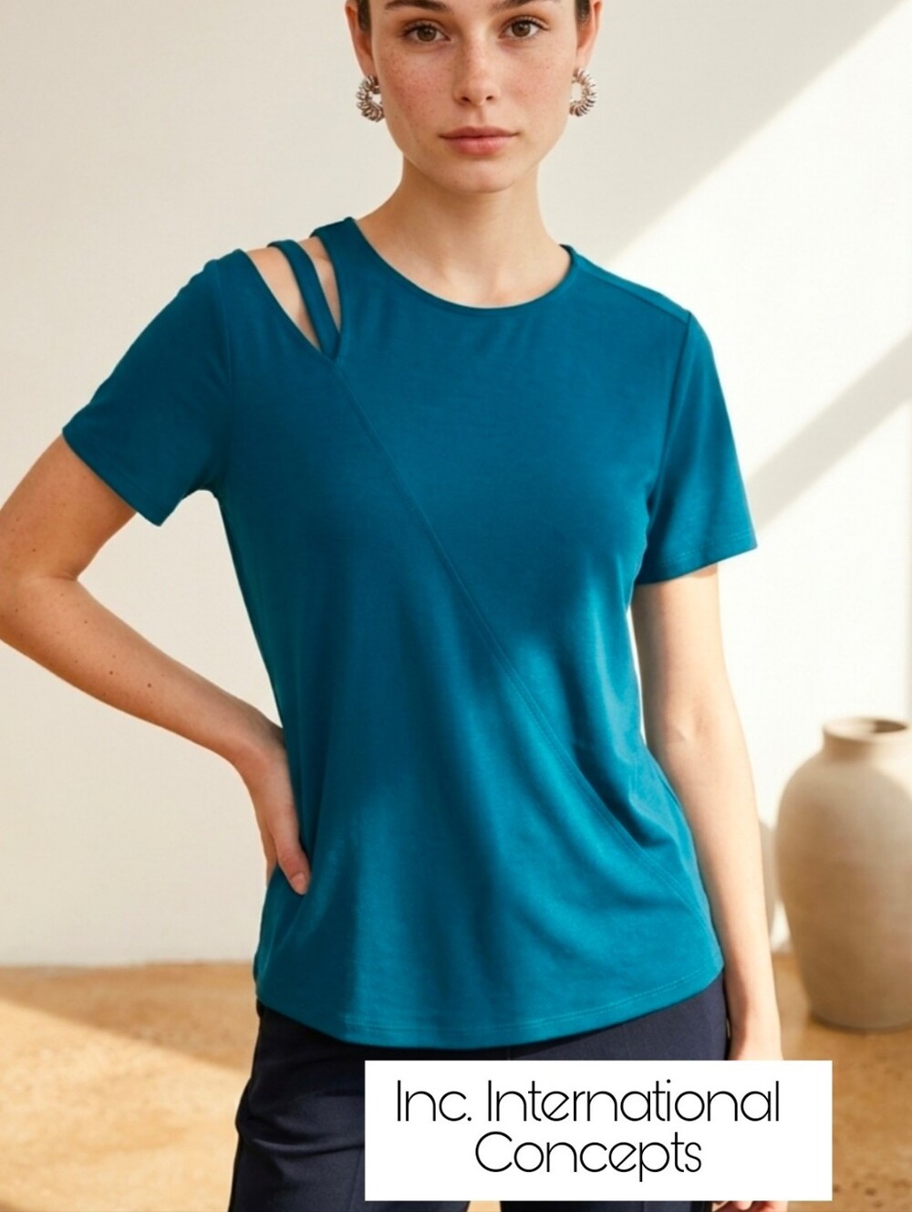 INC International Concepts Teal Short-Sleeve Asymmetric Cutout Top